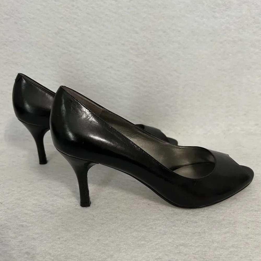 Anne Klein Heels Women 7.5M Black Masirarabc Peep Toe Office Elegant Vintage